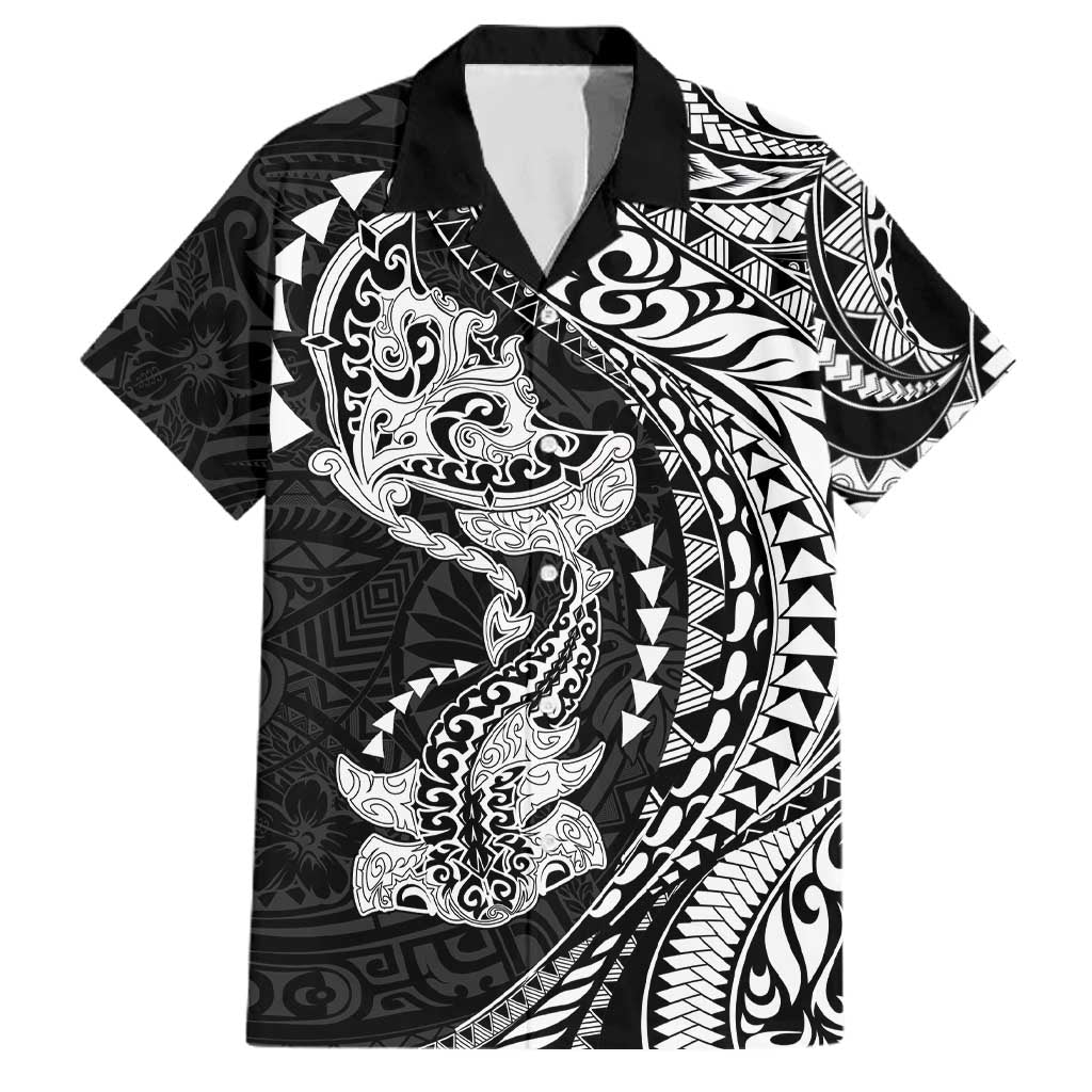 Hawaiian Manta Ray and Hammerhead Shark Tribal Tattoo Family Matching Tank Maxi Dress and Hawaiian Shirt with Polynesian Tribal Pattern Black-White Color LT03 Dad's Shirt - Short Sleeve Multicolor - Polynesian Pride