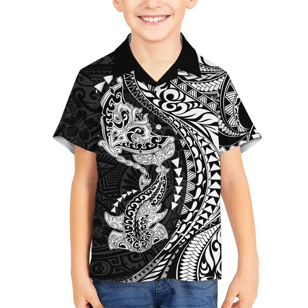 Hawaiian Manta Ray and Hammerhead Shark Tribal Tattoo Family Matching Tank Maxi Dress and Hawaiian Shirt with Polynesian Tribal Pattern Black-White Color LT03 Son's Shirt Multicolor - Polynesian Pride