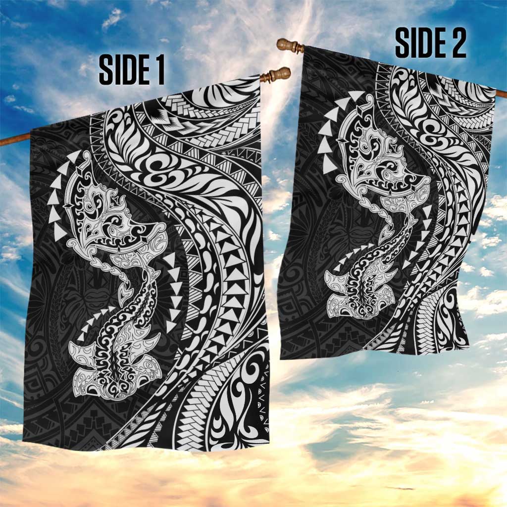 Hawaiian Manta Ray and Hammerhead Shark Tribal Tattoo Garden Flag with Polynesian Tribal Pattern Black-White Color