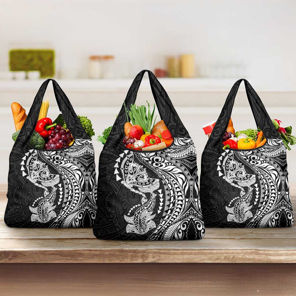 Hawaiian Manta Ray and Hammerhead Shark Tribal Tattoo Grocery Bag with Polynesian Tribal Pattern Black-White Color