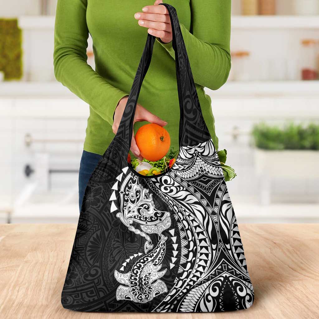Hawaiian Manta Ray and Hammerhead Shark Tribal Tattoo Grocery Bag with Polynesian Tribal Pattern Black-White Color