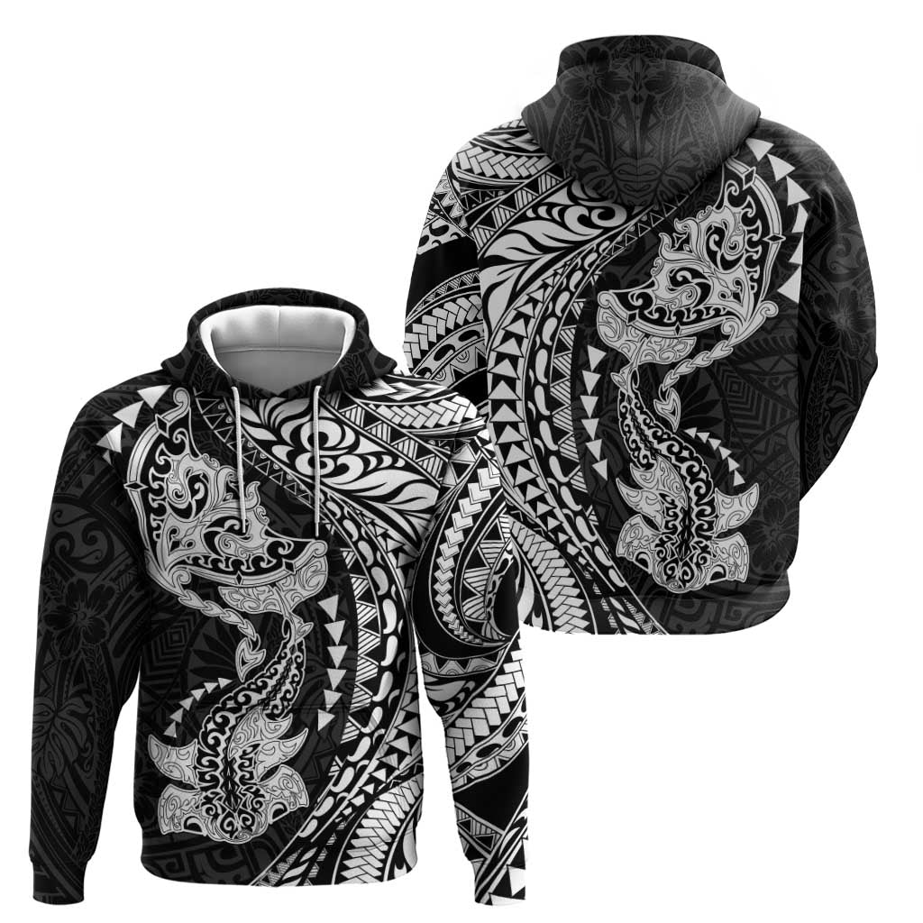 Hawaiian Manta Ray and Hammerhead Shark Tribal Tattoo Hoodie with Polynesian Tribal Pattern Black-White Color