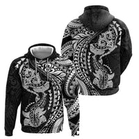 Hawaiian Manta Ray and Hammerhead Shark Tribal Tattoo Hoodie with Polynesian Tribal Pattern Black-White Color