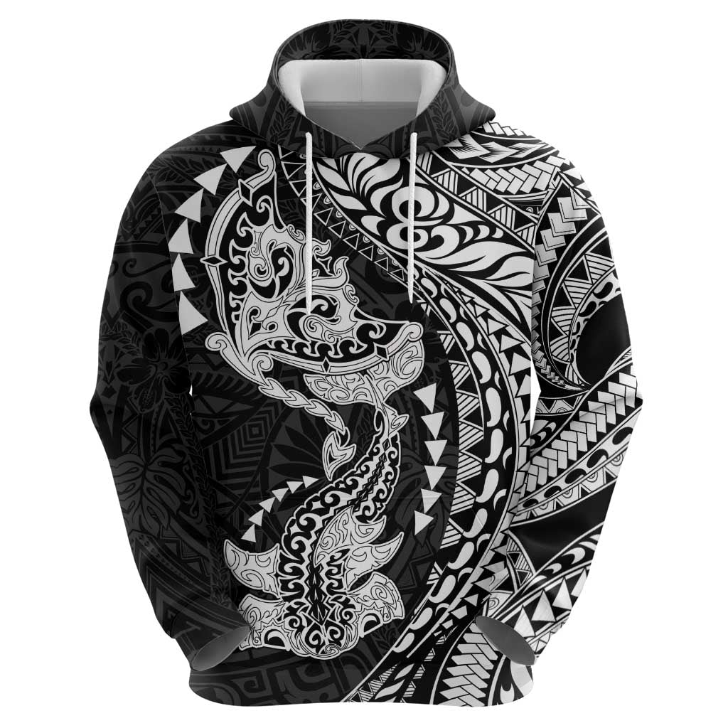 Hawaiian Manta Ray and Hammerhead Shark Tribal Tattoo Hoodie with Polynesian Tribal Pattern Black-White Color