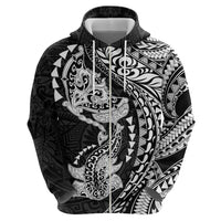 Hawaiian Manta Ray and Hammerhead Shark Tribal Tattoo Hoodie with Polynesian Tribal Pattern Black-White Color
