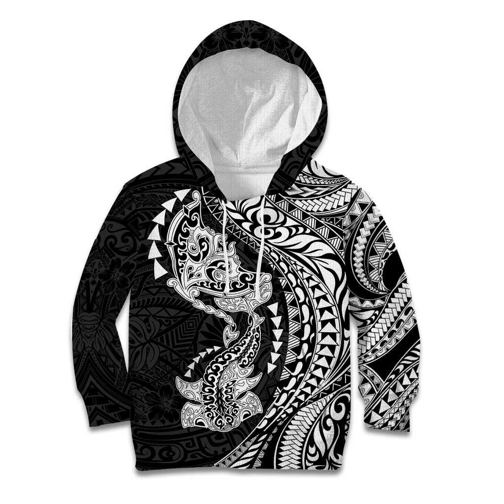 Hawaiian Manta Ray and Hammerhead Shark Tribal Tattoo Kid Hoodie with Polynesian Tribal Pattern Black-White Color