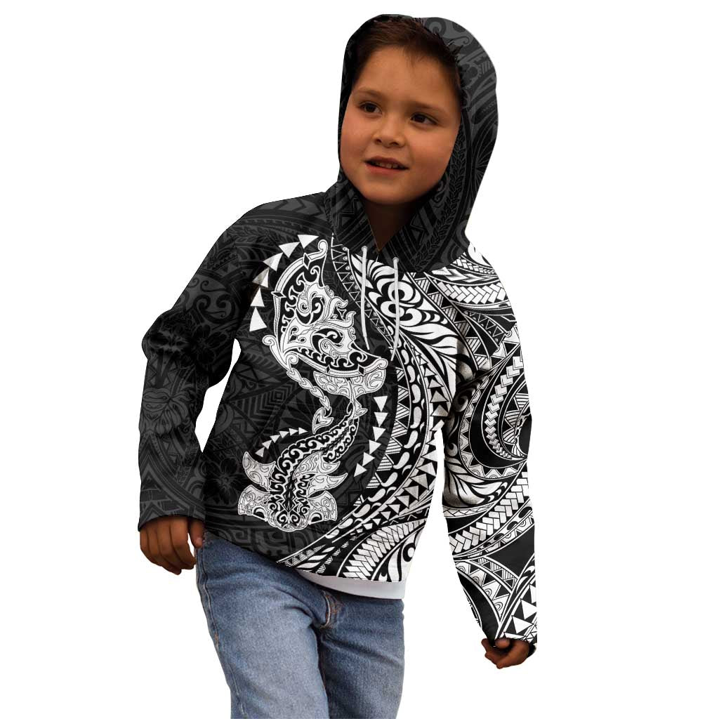 Hawaiian Manta Ray and Hammerhead Shark Tribal Tattoo Kid Hoodie with Polynesian Tribal Pattern Black-White Color LT03 - Polynesian Pride