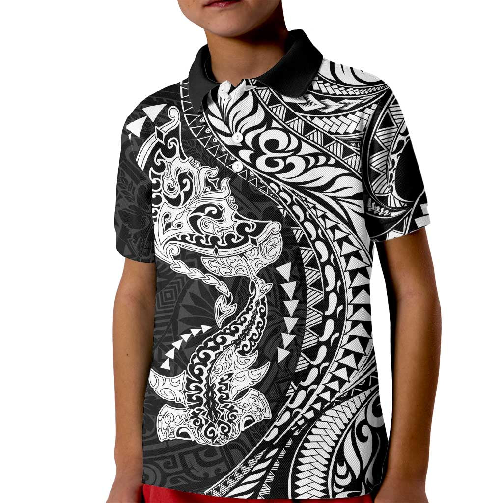 Hawaiian Manta Ray and Hammerhead Shark Tribal Tattoo Kid Polo Shirt with Polynesian Tribal Pattern Black-White Color