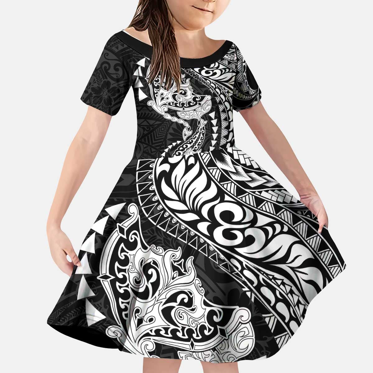 Hawaiian Manta Ray and Hammerhead Shark Tribal Tattoo Kid Short Sleeve Dress with Polynesian Tribal Pattern Black-White Color