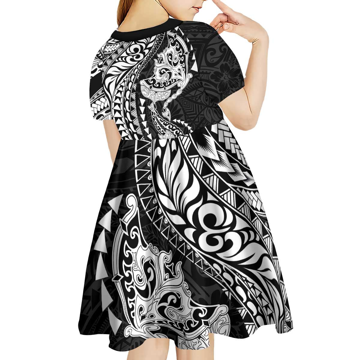 Hawaiian Manta Ray and Hammerhead Shark Tribal Tattoo Kid Short Sleeve Dress with Polynesian Tribal Pattern Black-White Color