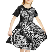 Hawaiian Manta Ray and Hammerhead Shark Tribal Tattoo Kid Short Sleeve Dress with Polynesian Tribal Pattern Black-White Color