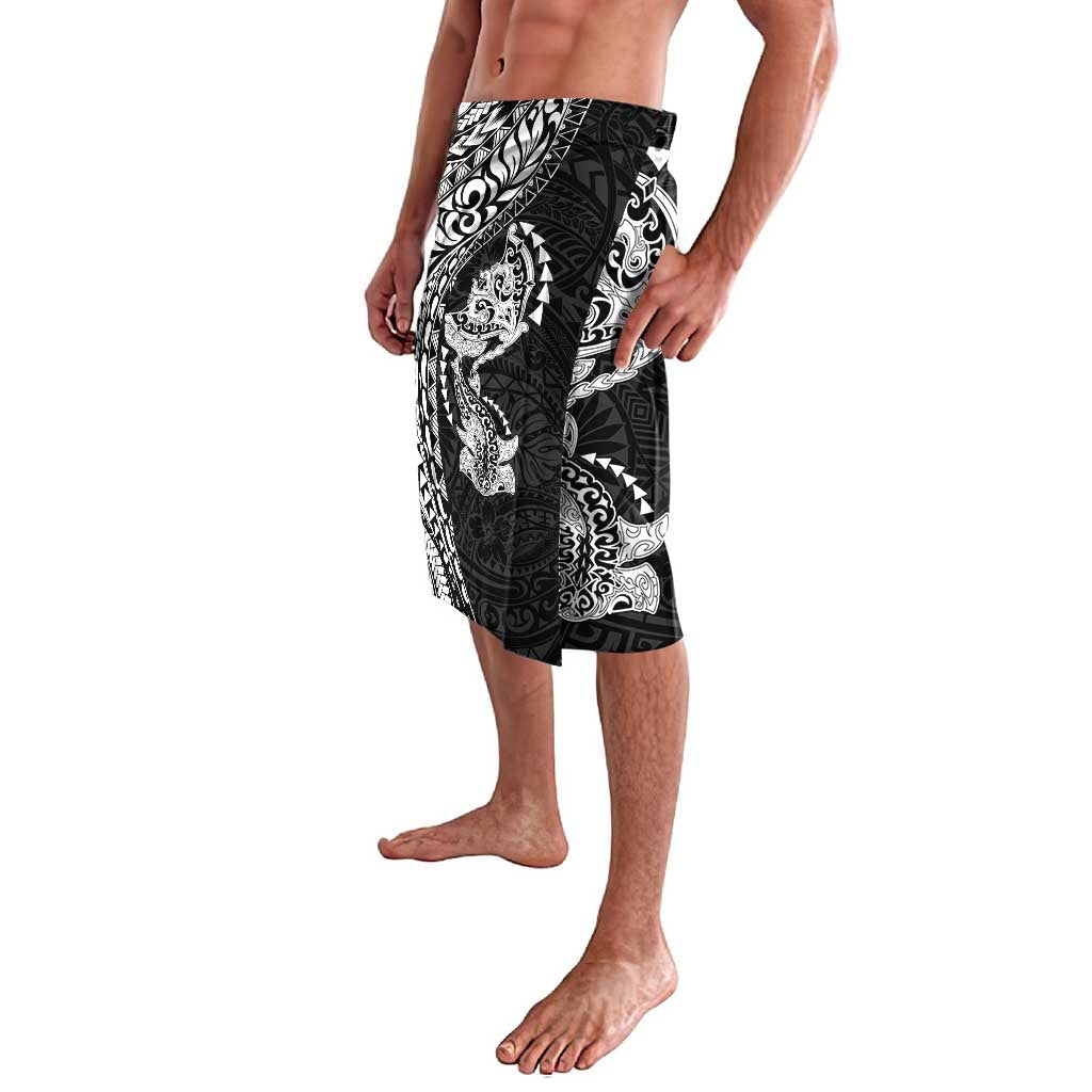 Hawaiian Manta Ray and Hammerhead Shark Tribal Tattoo Lavalava with Polynesian Tribal Pattern Black-White Color
