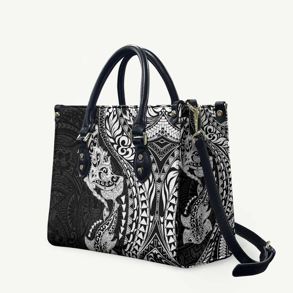 Hawaiian Manta Ray and Hammerhead Shark Tribal Tattoo Leather Bag with Polynesian Tribal Pattern Black-White Color