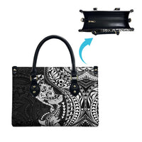 Hawaiian Manta Ray and Hammerhead Shark Tribal Tattoo Leather Bag with Polynesian Tribal Pattern Black-White Color