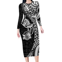 Hawaiian Manta Ray and Hammerhead Shark Tribal Tattoo Long Sleeve Bodycon Dress with Polynesian Tribal Pattern Black-White Color LT03 Long Dress Multicolor - Polynesian Pride