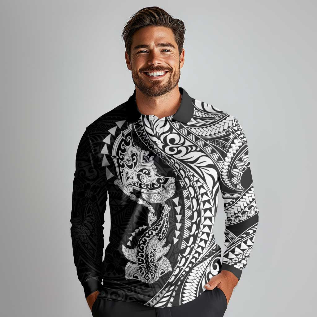 Hawaiian Manta Ray and Hammerhead Shark Tribal Tattoo Long Sleeve Polo Shirt with Polynesian Tribal Pattern Black-White Color