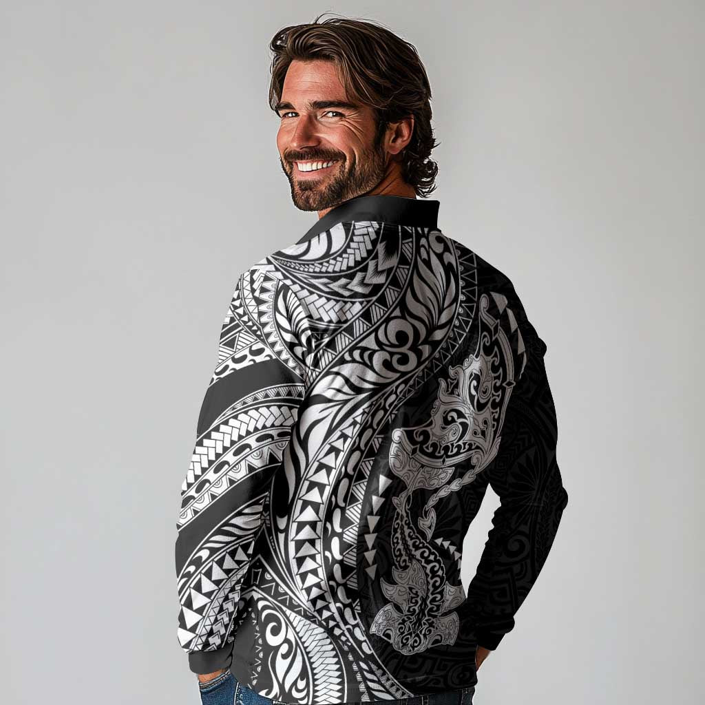 Hawaiian Manta Ray and Hammerhead Shark Tribal Tattoo Long Sleeve Polo Shirt with Polynesian Tribal Pattern Black-White Color