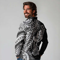 Hawaiian Manta Ray and Hammerhead Shark Tribal Tattoo Long Sleeve Polo Shirt with Polynesian Tribal Pattern Black-White Color