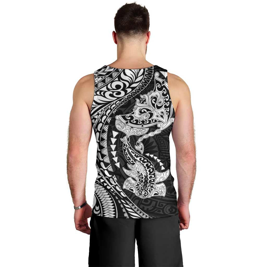 Hawaiian Manta Ray and Hammerhead Shark Tribal Tattoo Men Tank Top with Polynesian Tribal Pattern Black-White Color