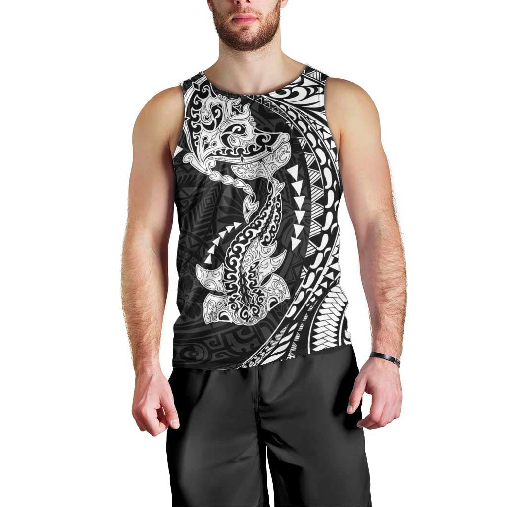 Hawaiian Manta Ray and Hammerhead Shark Tribal Tattoo Men Tank Top with Polynesian Tribal Pattern Black-White Color