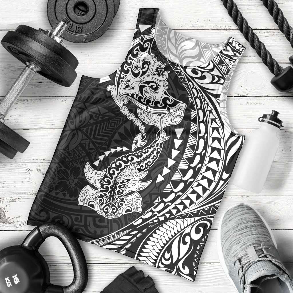 Hawaiian Manta Ray and Hammerhead Shark Tribal Tattoo Men Tank Top with Polynesian Tribal Pattern Black-White Color