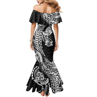 Hawaiian Manta Ray and Hammerhead Shark Tribal Tattoo Mermaid Dress with Polynesian Tribal Pattern Black-White Color