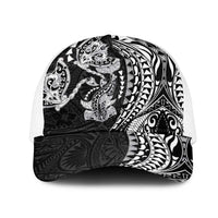 Hawaiian Manta Ray and Hammerhead Shark Tribal Tattoo Mesh Trucker Cap with Polynesian Tribal Pattern Black-White Color