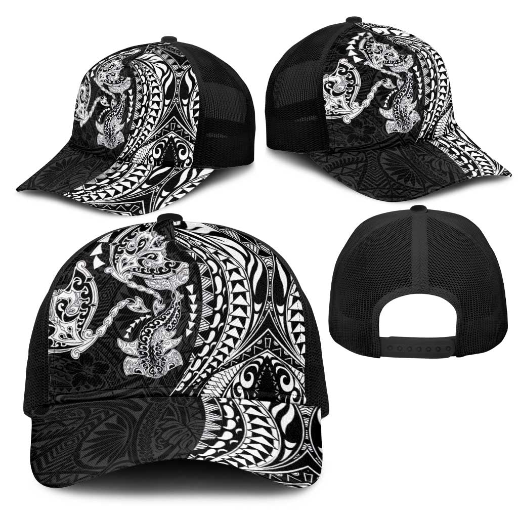 Hawaiian Manta Ray and Hammerhead Shark Tribal Tattoo Mesh Trucker Cap with Polynesian Tribal Pattern Black-White Color