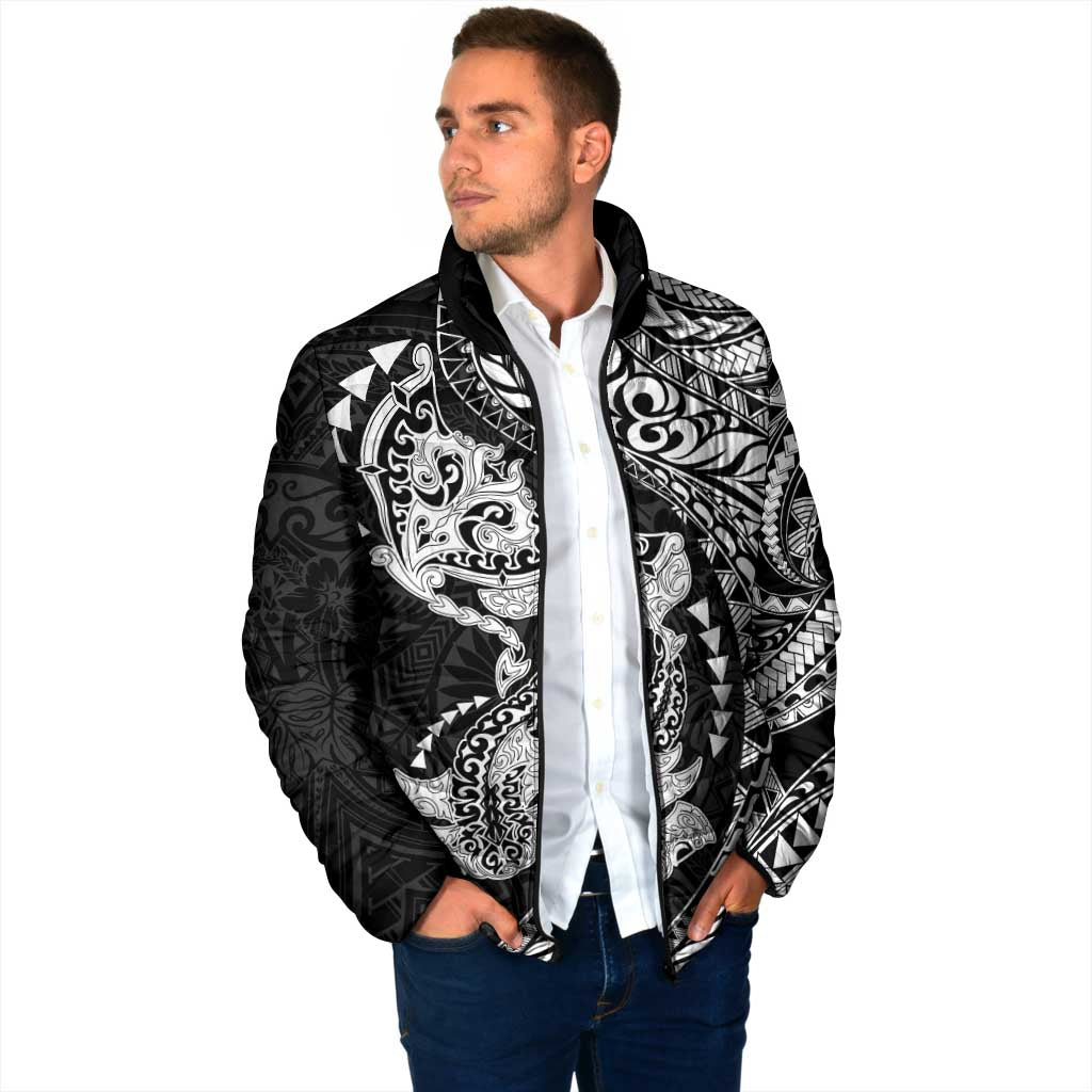 Hawaiian Manta Ray and Hammerhead Shark Tribal Tattoo Padded Jacket with Polynesian Tribal Pattern Black-White Color