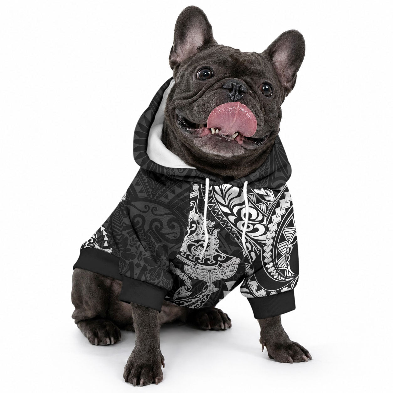 Hawaiian Manta Ray and Hammerhead Shark Tribal Tattoo Pet Hoodie with Polynesian Tribal Pattern Black-White Color
