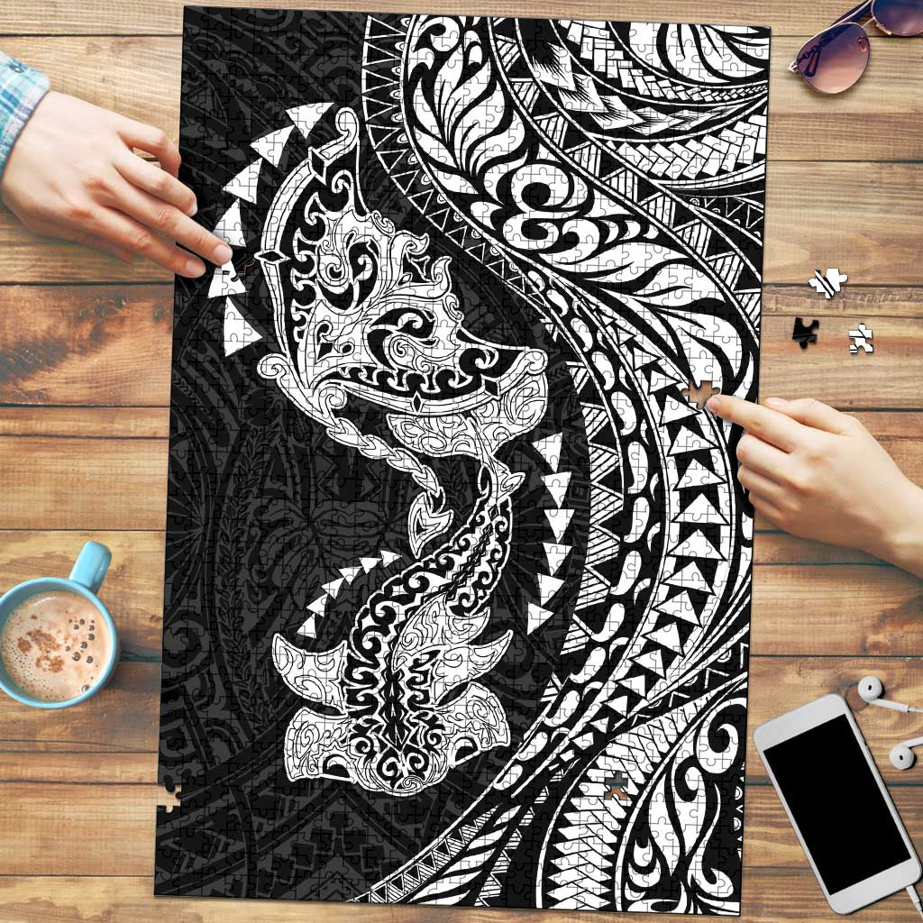 Hawaiian Manta Ray and Hammerhead Shark Tribal Tattoo Puzzle with Polynesian Tribal Pattern Black-White Color