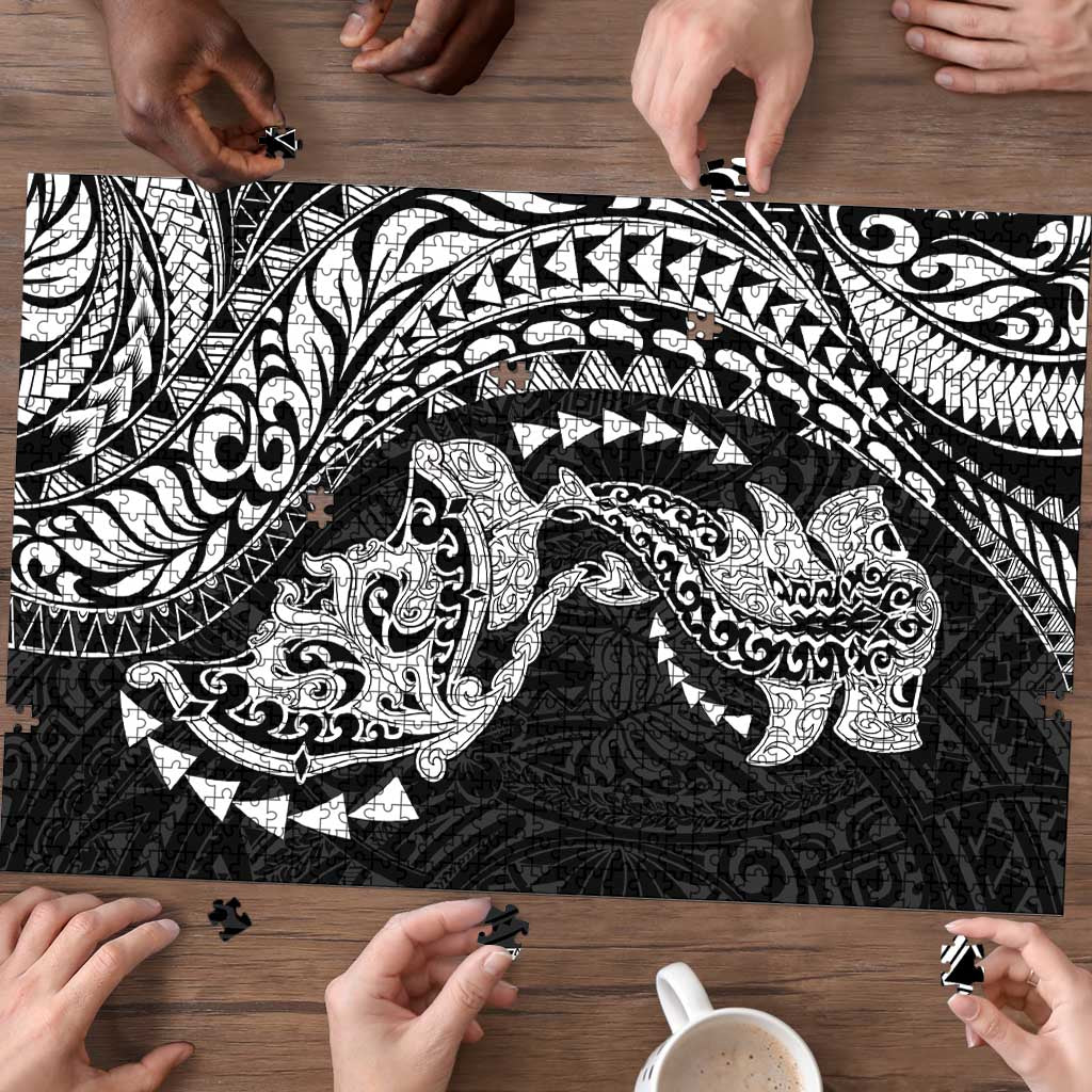 Hawaiian Manta Ray and Hammerhead Shark Tribal Tattoo Puzzle with Polynesian Tribal Pattern Black-White Color