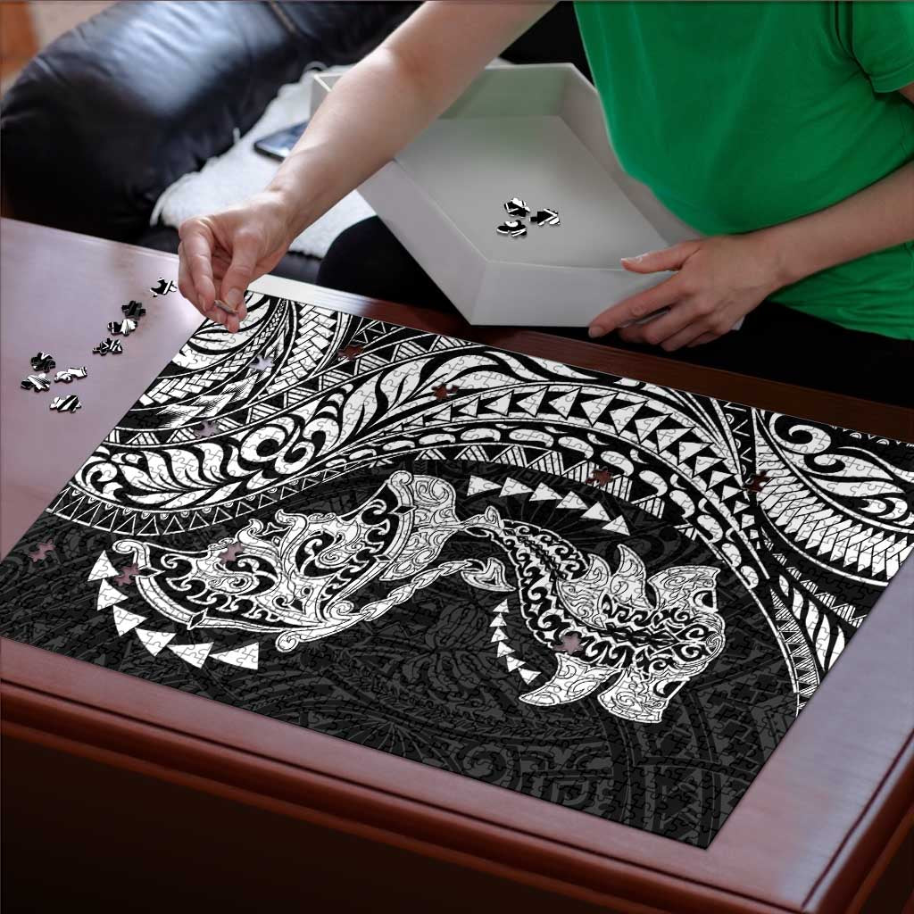 Hawaiian Manta Ray and Hammerhead Shark Tribal Tattoo Puzzle with Polynesian Tribal Pattern Black-White Color