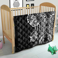 Hawaiian Manta Ray and Hammerhead Shark Tribal Tattoo Quilt with Polynesian Tribal Pattern Black-White Color