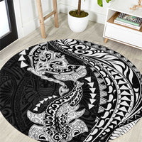 Hawaiian Manta Ray and Hammerhead Shark Tribal Tattoo Round Carpet with Polynesian Tribal Pattern Black-White Color