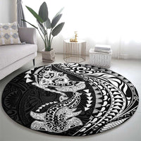 Hawaiian Manta Ray and Hammerhead Shark Tribal Tattoo Round Carpet with Polynesian Tribal Pattern Black-White Color