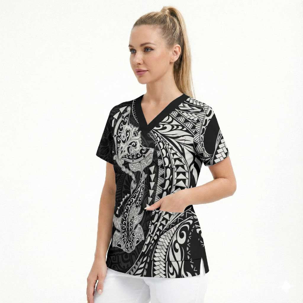 Hawaiian Manta Ray and Hammerhead Shark Tribal Tattoo Scrub Top with Polynesian Tribal Pattern Black-White Color