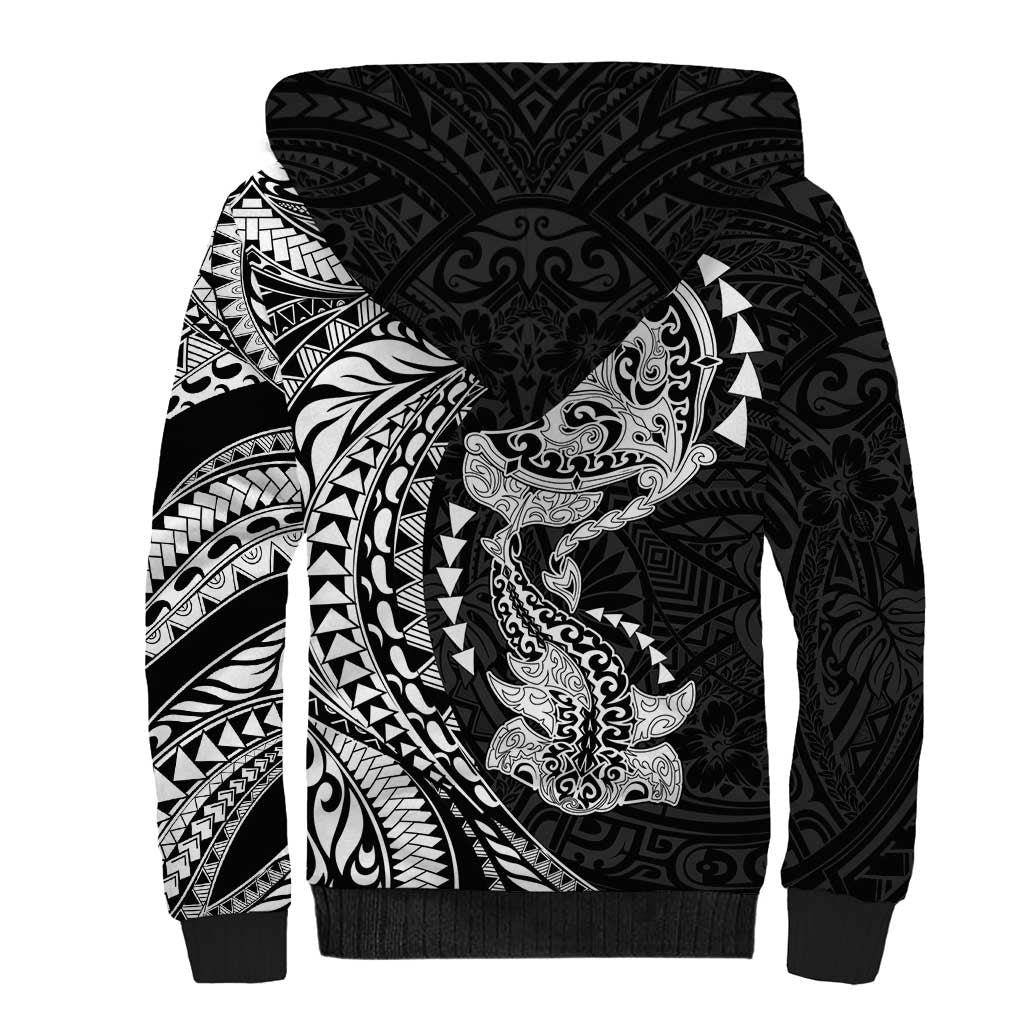 Hawaiian Manta Ray and Hammerhead Shark Tribal Tattoo Sherpa Hoodie with Polynesian Tribal Pattern Black-White Color