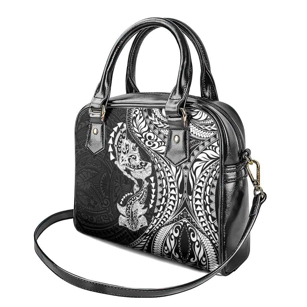 Hawaiian Manta Ray and Hammerhead Shark Tribal Tattoo Shoulder Handbag with Polynesian Tribal Pattern Black-White Color