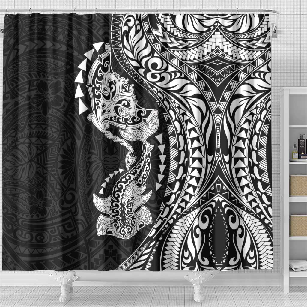 Hawaiian Manta Ray and Hammerhead Shark Tribal Tattoo Shower Curtain with Polynesian Tribal Pattern Black-White Color