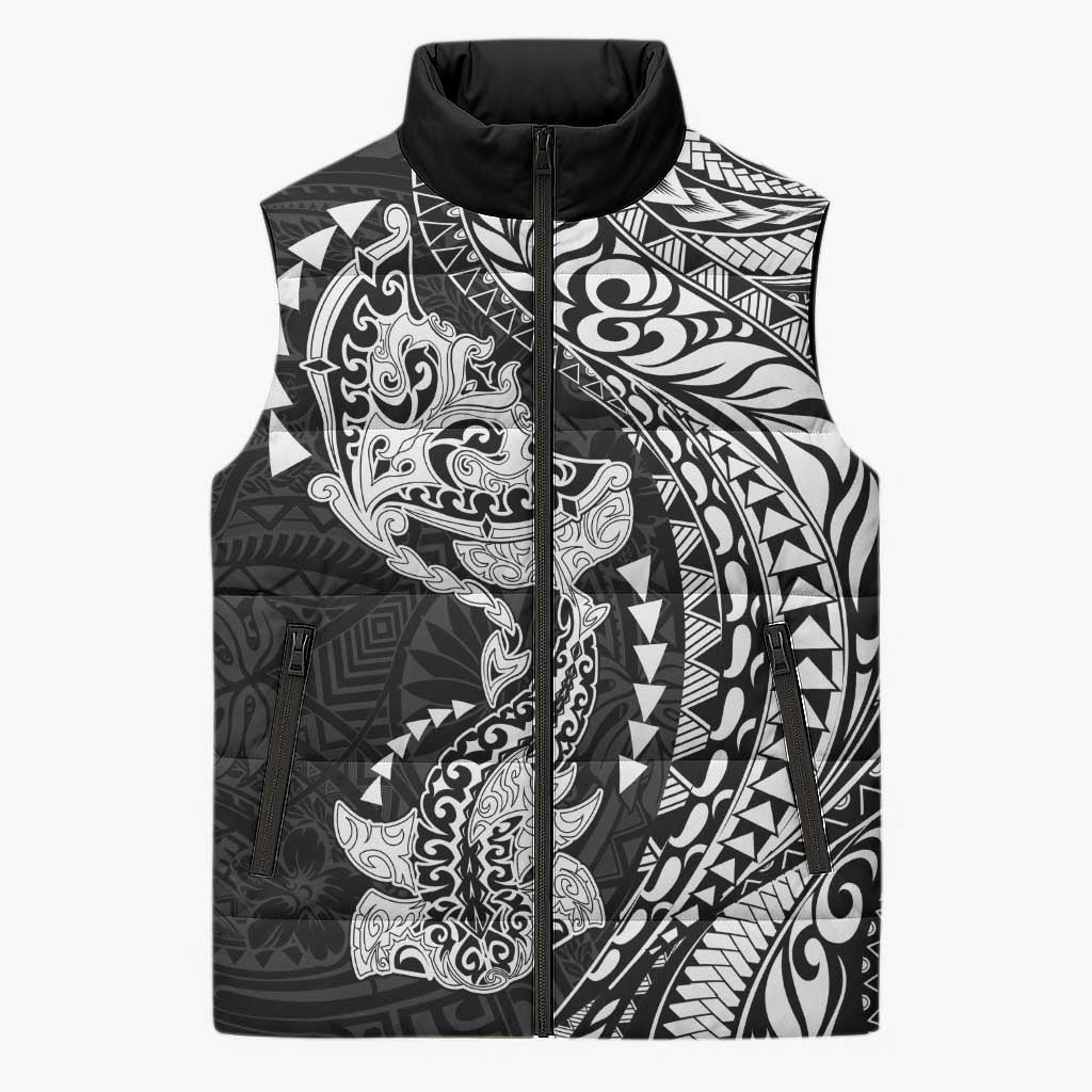 Hawaiian Manta Ray and Hammerhead Shark Tribal Tattoo Sleeveless Puffer Jacket with Polynesian Tribal Pattern Black-White Color