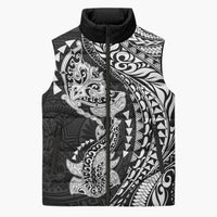 Hawaiian Manta Ray and Hammerhead Shark Tribal Tattoo Sleeveless Puffer Jacket with Polynesian Tribal Pattern Black-White Color
