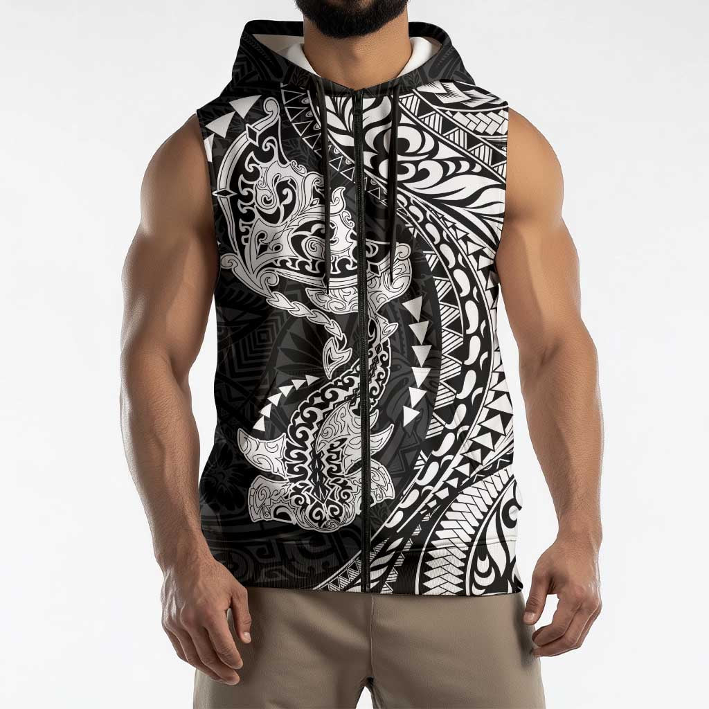 Hawaiian Manta Ray and Hammerhead Shark Tribal Tattoo Sleeveless Zip Hoodie with Polynesian Tribal Pattern Black-White Color