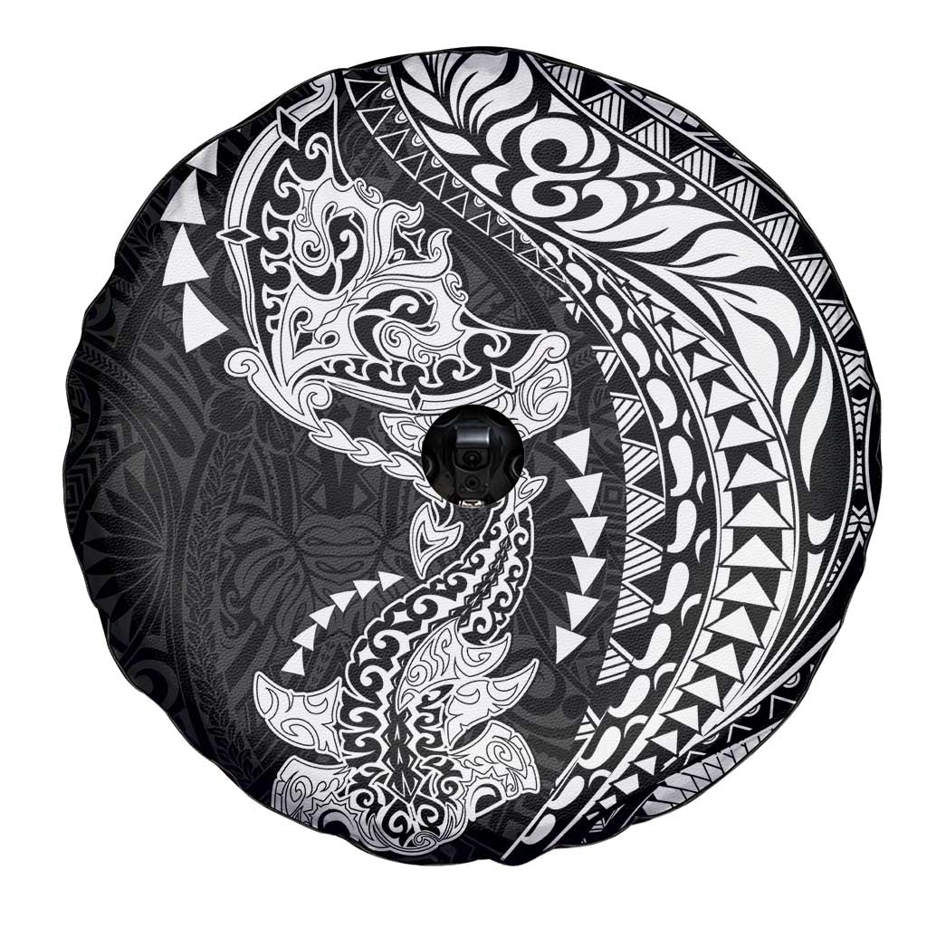 Hawaiian Manta Ray and Hammerhead Shark Tribal Tattoo Spare Tire Cover with Polynesian Tribal Pattern Black-White Color