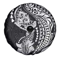 Hawaiian Manta Ray and Hammerhead Shark Tribal Tattoo Spare Tire Cover with Polynesian Tribal Pattern Black-White Color