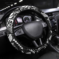 Hawaiian Manta Ray and Hammerhead Shark Tribal Tattoo Steering Wheel Cover with Polynesian Tribal Pattern Black-White Color