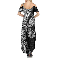 Hawaiian Manta Ray and Hammerhead Shark Tribal Tattoo Summer Maxi Dress with Polynesian Tribal Pattern Black-White Color