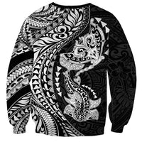 Hawaiian Manta Ray and Hammerhead Shark Tribal Tattoo Sweatshirt with Polynesian Tribal Pattern Black-White Color