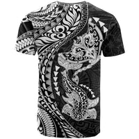 Hawaiian Manta Ray and Hammerhead Shark Tribal Tattoo T Shirt with Polynesian Tribal Pattern Black-White Color