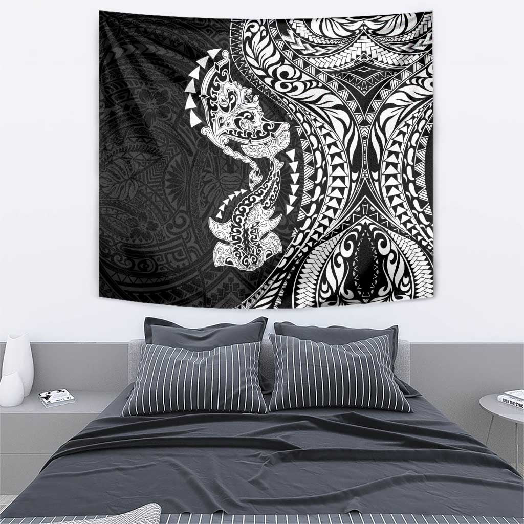 Hawaiian Manta Ray and Hammerhead Shark Tribal Tattoo Tapestry with Polynesian Tribal Pattern Black-White Color